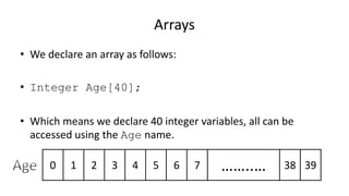 Arrays
• We declare an array as follows:
• Integer Age[40];
• Which means we declare 40 integer variables, all can be
accessed using the Age name.
0 1 2 3 4 5 6 397 ……..… 38
 