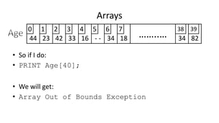 Arrays
44 23 42 33 16 - - 34 8218 ……..… 34
0 1 2 3 4 5 6 7 38 39
• So if I do:
• PRINT Age[40];
• We will get:
• Array Out of Bounds Exception
 