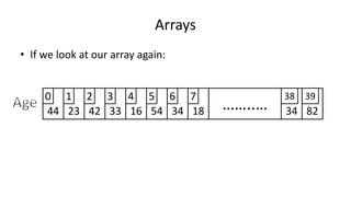 Arrays
• If we look at our array again:
44 23 42 33 16 54 34 8218 ……..… 34
0 1 2 3 4 5 6 7 38 39
 