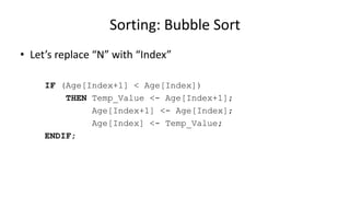 • Let’s replace “N” with “Index”
IF (Age[Index+1] < Age[Index])
THEN Temp_Value <- Age[Index+1];
Age[Index+1] <- Age[Index];
Age[Index] <- Temp_Value;
ENDIF;
Sorting: Bubble Sort
 