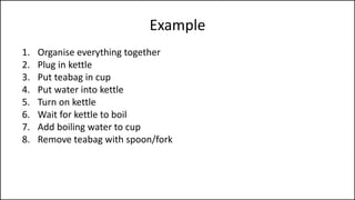 Example
1. Organise everything together
2. Plug in kettle
3. Put teabag in cup
4. Put water into kettle
5. Turn on kettle
6. Wait for kettle to boil
7. Add boiling water to cup
8. Remove teabag with spoon/fork
9. Add milk and/or sugar
10. Serve
 