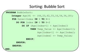 PROGRAM BubbleSort:
Integer Age[8] <- {44,23,42,33,16,54,34,18};
FOR Outer-Index IN 0 TO N-1
DO FOR Index IN 0 TO N-2
DO IF (Age[Index+1] < Age[Index])
THEN Temp_Value <- Age[Index+1];
Age[Index+1] <- Age[Index];
Age[Index] <- Temp_Value;
ENDIF;
ENDFOR;
ENDFOR;
END.
Sorting: Bubble Sort
 