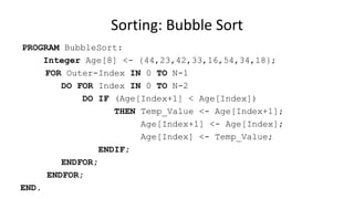 PROGRAM BubbleSort:
Integer Age[8] <- {44,23,42,33,16,54,34,18};
FOR Outer-Index IN 0 TO N-1
DO FOR Index IN 0 TO N-2
DO IF (Age[Index+1] < Age[Index])
THEN Temp_Value <- Age[Index+1];
Age[Index+1] <- Age[Index];
Age[Index] <- Temp_Value;
ENDIF;
ENDFOR;
ENDFOR;
END.
Sorting: Bubble Sort
 