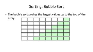 Sorting: Bubble Sort
• The bubble sort pushes the largest values up to the top of the
array.
 