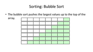 Sorting: Bubble Sort
• The bubble sort pushes the largest values up to the top of the
array.
 