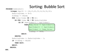 PROGRAM BubbleSort:
Integer Age[8] <- {44,23,42,33,16,54,34,18};
ReducingIndex <- N-2;
DidSwap <- FALSE;
FOR Outer-Index IN 0 TO N-1
DO FOR Index IN 0 TO ReducingIndex
DO IF (Age[Index+1] < Age[Index])
THEN Temp_Value <- Age[Index+1];
Age[Index+1] <- Age[Index];
Age[Index] <- Temp_Value;
DidSwap <- TRUE;
ENDIF;
ENDFOR;
ReducingIndex <- ReducingIndex – 1;
IF (DidSwap = FALSE)
THEN EXIT;
ENDIF;
ENDFOR;
END.
Sorting: Bubble Sort
 