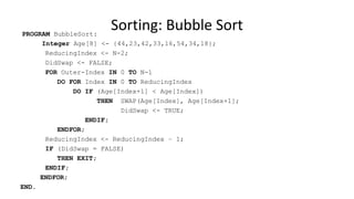 PROGRAM BubbleSort:
Integer Age[8] <- {44,23,42,33,16,54,34,18};
ReducingIndex <- N-2;
DidSwap <- FALSE;
FOR Outer-Index IN 0 TO N-1
DO FOR Index IN 0 TO ReducingIndex
DO IF (Age[Index+1] < Age[Index])
THEN SWAP(Age[Index], Age[Index+1];
DidSwap <- TRUE;
ENDIF;
ENDFOR;
ReducingIndex <- ReducingIndex – 1;
IF (DidSwap = FALSE)
THEN EXIT;
ENDIF;
ENDFOR;
END.
Sorting: Bubble Sort
 