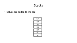 Stacks
• Values are added to the top:
31
41
59
26
53
59
67
 