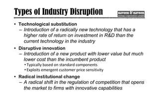 Types of Industry Disruption
• Technological substitution
– Introduction of a radically new technology that has a
higher rate of return on investment in R&D than the
current technology in the industry
• Disruptive innovation
– Introduction of a new product with lower value but much
lower cost than the incumbent product
• Typically based on standard components
• Exploits emergent customer price sensitivity
• Radical institutional change
– A radical shift in the regulation of competition that opens
the market to firms with innovative capabilities
 