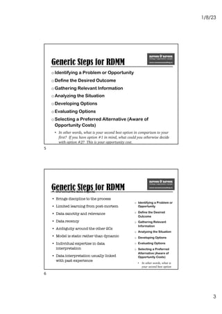 1/8/23
3
Generic Steps for RDMM
oIdentifying a Problem or Opportunity
oDefine the Desired Outcome
oGathering Relevant Information
oAnalyzing the Situation
oDeveloping Options
oEvaluating Options
oSelecting a Preferred Alternative (Aware of
Opportunity Costs)
• In other words, what is your second best option in comparison to your
first? If you have option #1 in mind, what could you otherwise decide
with option #2? This is your opportunity cost.
oActing on the Decision
5
Generic Steps for RDMM
o Identifying a Problem or
Opportunity
o Define the Desired
Outcome
o Gathering Relevant
Information
o Analyzing the Situation
o Developing Options
o Evaluating Options
o Selecting a Preferred
Alternative (Aware of
Opportunity Costs)
• In other words, what is
your second best option
in comparison to your
first? If you have
option #1 in mind,
what could you
otherwise decide with
option #2? This is your
opportunity cost.
o Acting on the Decision
• Structured and logical
• Brings discipline to the process
• Limited learning from post-mortem
• Data sanctity and relevance
• Data recency
• Ambiguity around the other 2Cs
• Model is static rather than dynamic
• Individual expertise in data
interpretation
• Data interpretation usually linked
with past experience
6
 