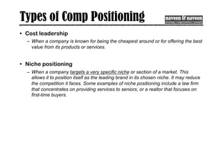 Types of Comp Positioning
• Cost leadership
– When a company is known for being the cheapest around or for offering the best
value from its products or services.
• Niche positioning
– When a company targets a very specific niche or section of a market. This
allows it to position itself as the leading brand in its chosen niche. It may reduce
the competition it faces. Some examples of niche positioning include a law firm
that concentrates on providing services to seniors, or a realtor that focuses on
first-time buyers.
 