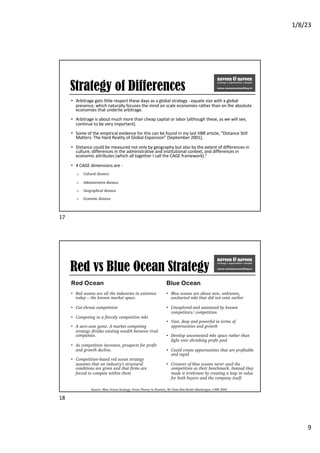 1/8/23
9
Strategy of Differences
• Arbitrage gets little respect these days as a global strategy - equate size with a global
presence, which naturally focuses the mind on scale economies rather than on the absolute
economies that underlie arbitrage.
• Arbitrage is about much more than cheap capital or labor (although these, as we will see,
continue to be very important).
• Some of the empirical evidence for this can be found in my last HBR article, “Distance Still
Matters: The Hard Reality of Global Expansion” (September 2001),
• Distance could be measured not only by geography but also by the extent of differences in
culture, differences in the administrative and institutional context, and differences in
economic attributes (which all together I call the CAGE framework).1
• 4 CAGE dimensions are -
o Cultural distance
o Administrative distance
o Geographical distance
o Economic distance
17
Red vs Blue Ocean Strategy
Red Ocean
• Red oceans are all the industries in existence
today – the known market space.
• Cut-throat competition
• Competing in a fiercely competitive mkt
• A zero-sum game. A market-competing
strategy divides existing wealth between rival
companies.
• As competition increases, prospects for profit
and growth decline.
• Competition-based red ocean strategy
assumes that an industry’s structural
conditions are given and that firms are
forced to compete within them
Blue Ocean
• Blue oceans are about new, unknown,
uncharted mkt that did not exist earlier
• Unexplored and untainted by known
competitors/ competition
• Vast, deep and powerful in terms of
opportunities and growth
• Develop uncontested mkt space rather than
fight over shrinking profit pool
• Could create opportunities that are profitable
and rapid
• Creators of blue oceans never used the
competition as their benchmark. Instead they
made it irrelevant by creating a leap in value
for both buyers and the company itself.
Source: Blue Ocean Strategy: From Theory to Practice, W. Chan Kim Renée Mauborgne, CMR 2005
18
 