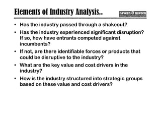 Elements of Industry Analysis..
• Has the industry passed through a shakeout?
• Has the industry experienced significant disruption?
If so, how have entrants competed against
incumbents?
• If not, are there identifiable forces or products that
could be disruptive to the industry?
• What are the key value and cost drivers in the
industry?
• How is the industry structured into strategic groups
based on these value and cost drivers?
 