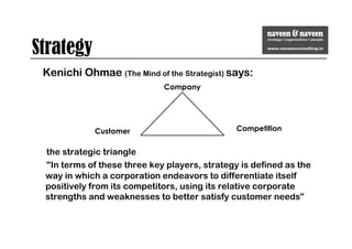 Strategy
Kenichi Ohmae (The Mind of the Strategist) says:
the strategic triangle
"In terms of these three key players, strategy is defined as the
way in which a corporation endeavors to differentiate itself
positively from its competitors, using its relative corporate
strengths and weaknesses to better satisfy customer needs”
Competition
Company
Customer
 