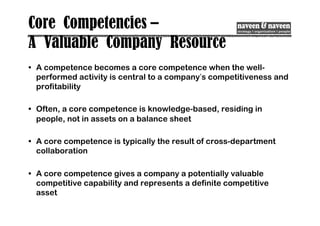 Core Competencies –
A Valuable Company Resource
• A competence becomes a core competence when the well-
performed activity is central to a company’s competitiveness and
profitability
• Often, a core competence is knowledge-based, residing in
people, not in assets on a balance sheet
• A core competence is typically the result of cross-department
collaboration
• A core competence gives a company a potentially valuable
competitive capability and represents a definite competitive
asset
 