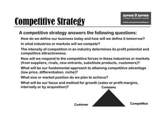 Competitive Strategy
A competitive strategy answers the following questions:
How do we define our business today and how will we define it tomorrow?
In what industries or markets will we compete?
The intensity of competition in an industry determines its profit potential and
competitive attractiveness.
How will we respond to the competitive forces in these industries or markets
(from suppliers, rivals, new entrants, substitute products, customers)?
What will be our fundamental approach to attaining competitive advantage
(low price, differentiation, niche)?
What size or market position do we plan to achieve?
What will be our focus and method for growth (sales or profit margins,
internally or by acquisition)?
 