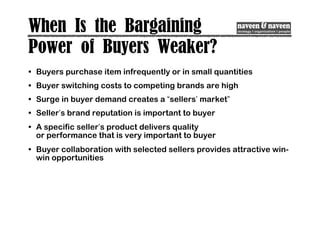 When Is the Bargaining
Power of Buyers Weaker?
• Buyers purchase item infrequently or in small quantities
• Buyer switching costs to competing brands are high
• Surge in buyer demand creates a “sellers’ market”
• Seller’s brand reputation is important to buyer
• A specific seller’s product delivers quality
or performance that is very important to buyer
• Buyer collaboration with selected sellers provides attractive win-
win opportunities
 