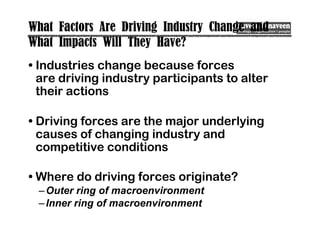 What Factors Are Driving Industry Change and
What Impacts Will They Have?
• Industries change because forces
are driving industry participants to alter
their actions
• Driving forces are the major underlying
causes of changing industry and
competitive conditions
• Where do driving forces originate?
–Outer ring of macroenvironment
–Inner ring of macroenvironment
 