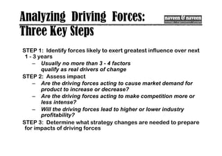 Analyzing Driving Forces:
Three Key Steps
STEP 1: Identify forces likely to exert greatest influence over next
1 - 3 years
– Usually no more than 3 - 4 factors
qualify as real drivers of change
STEP 2: Assess impact
– Are the driving forces acting to cause market demand for
product to increase or decrease?
– Are the driving forces acting to make competition more or
less intense?
– Will the driving forces lead to higher or lower industry
profitability?
STEP 3: Determine what strategy changes are needed to prepare
for impacts of driving forces
 