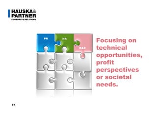 Text Focusing on technical opportunities, profit perspectives or societal needs. PR R&D 17. HR 