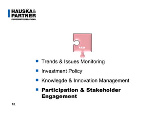 Text Trends & Issues Monitoring Investment Policy Knowlegde & Innovation Management Participation & Stakeholder Engagement 18. R&D 