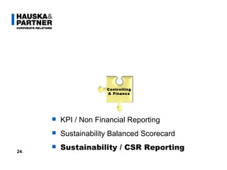 Text KPI / Non Financial Reporting Sustainability Balanced Scorecard Sustainability / CSR Reporting 24. Controlling & Finance 