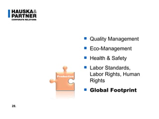 Text Quality Management Eco-Management Health & Safety Labor Standards, Labor Rights, Human Rights Global Footprint 28. Production 