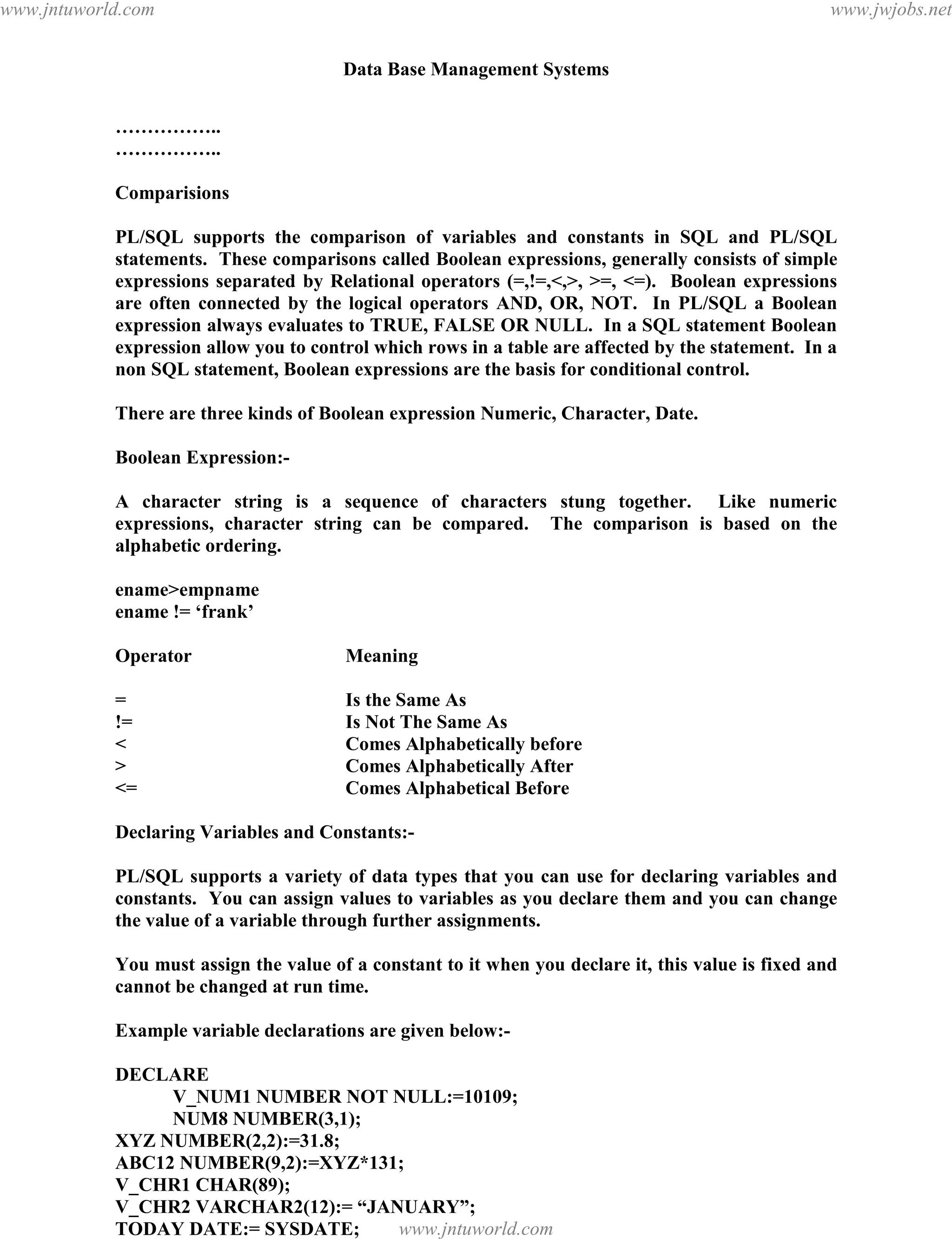 Data Base Management Systems
122
……………..
……………..
Comparisions
PL/SQL supports the comparison of variables and constants in SQL and PL/SQL
statements. These comparisons called Boolean expressions, generally consists of simple
expressions separated by Relational operators (=,!=,<,>, >=, <=). Boolean expressions
are often connected by the logical operators AND, OR, NOT. In PL/SQL a Boolean
expression always evaluates to TRUE, FALSE OR NULL. In a SQL statement Boolean
expression allow you to control which rows in a table are affected by the statement. In a
non SQL statement, Boolean expressions are the basis for conditional control.
There are three kinds of Boolean expression Numeric, Character, Date.
Boolean Expression:-
A character string is a sequence of characters stung together. Like numeric
expressions, character string can be compared. The comparison is based on the
alphabetic ordering.
ename>empname
ename != ‘frank’
Operator Meaning
= Is the Same As
!= Is Not The Same As
< Comes Alphabetically before
> Comes Alphabetically After
<= Comes Alphabetical Before
Declaring Variables and Constants:-
PL/SQL supports a variety of data types that you can use for declaring variables and
constants. You can assign values to variables as you declare them and you can change
the value of a variable through further assignments.
You must assign the value of a constant to it when you declare it, this value is fixed and
cannot be changed at run time.
Example variable declarations are given below:-
DECLARE
V_NUM1 NUMBER NOT NULL:=10109;
NUM8 NUMBER(3,1);
XYZ NUMBER(2,2):=31.8;
ABC12 NUMBER(9,2):=XYZ*131;
V_CHR1 CHAR(89);
V_CHR2 VARCHAR2(12):= “JANUARY”;
TODAY DATE:= SYSDATE;
TRUEFALSE BOOLEAN;pdfMachine - is a pdf writer that produces quality PDF files with ease!
Get yours now!
“Thank you very much! I can use Acrobat Distiller or the Acrobat PDFWriter but I consider your
product a lot easier to use and much preferable to Adobe's" A.Sarras - USA
www.jntuworld.com
www.jntuworld.com
www.jwjobs.net
 