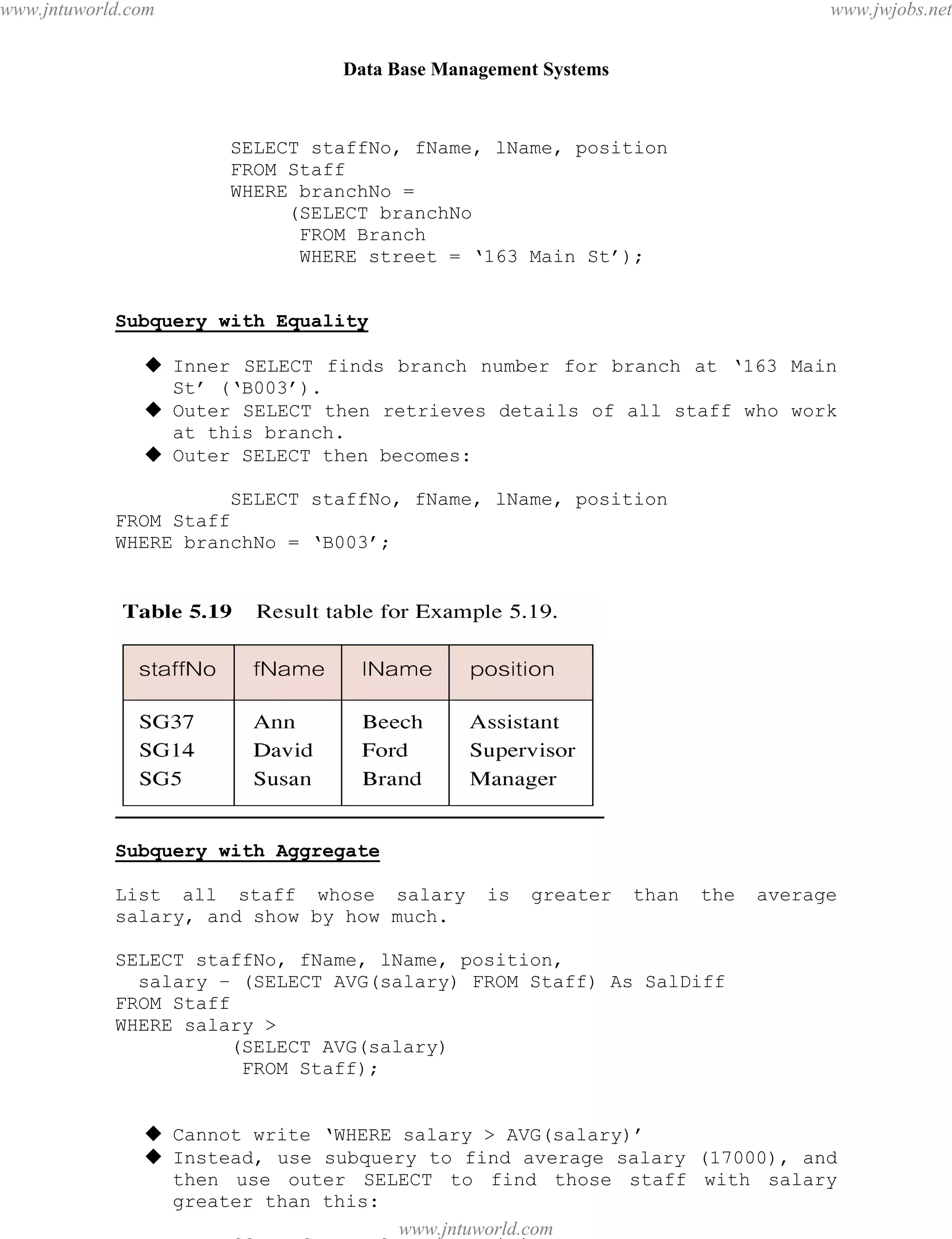 Data Base Management Systems
54
SELECT staffNo, fName, lName, position
FROM Staff
WHERE branchNo =
(SELECT branchNo
FROM Branch
WHERE street = ‘163 Main St’);
Subquery with Equality
 Inner SELECT finds branch number for branch at ‘163 Main
St’ (‘B003’).
 Outer SELECT then retrieves details of all staff who work
at this branch.
 Outer SELECT then becomes:
SELECT staffNo, fName, lName, position
FROM Staff
WHERE branchNo = ‘B003’;
Subquery with Aggregate
List all staff whose salary is greater than the average
salary, and show by how much.
SELECT staffNo, fName, lName, position,
salary – (SELECT AVG(salary) FROM Staff) As SalDiff
FROM Staff
WHERE salary >
(SELECT AVG(salary)
FROM Staff);
 Cannot write ‘WHERE salary > AVG(salary)’
 Instead, use subquery to find average salary (17000), and
then use outer SELECT to find those staff with salary
greater than this:
SELECT staffNo, fName, lName, position,
pdfMachine - is a pdf writer that produces quality PDF files with ease!
Get yours now!
“Thank you very much! I can use Acrobat Distiller or the Acrobat PDFWriter but I consider your
product a lot easier to use and much preferable to Adobe's" A.Sarras - USA
www.jntuworld.com
www.jntuworld.com
www.jwjobs.net
 