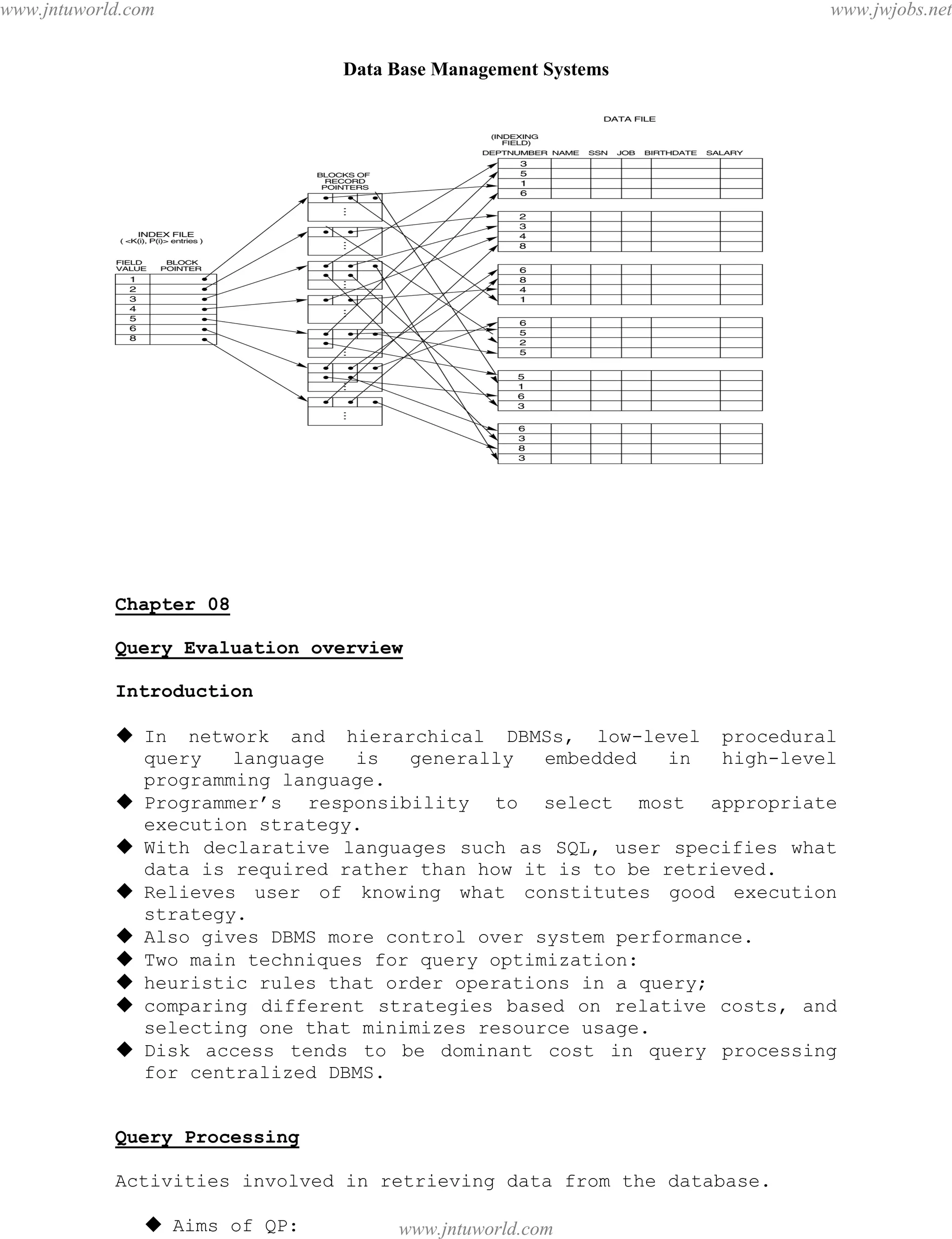 Data Base Management Systems
81
Chapter 08
Query Evaluation overview
Introduction
 In network and hierarchical DBMSs, low-level procedural
query language is generally embedded in high-level
programming language.
 Programmer’s responsibility to select most appropriate
execution strategy.
 With declarative languages such as SQL, user specifies what
data is required rather than how it is to be retrieved.
 Relieves user of knowing what constitutes good execution
strategy.
 Also gives DBMS more control over system performance.
 Two main techniques for query optimization:
 heuristic rules that order operations in a query;
 comparing different strategies based on relative costs, and
selecting one that minimizes resource usage.
 Disk access tends to be dominant cost in query processing
for centralized DBMS.
Query Processing
Activities involved in retrieving data from the database.
 Aims of QP:
pdfMachine - is a pdf writer that produces quality PDF files with ease!
Get yours now!
“Thank you very much! I can use Acrobat Distiller or the Acrobat PDFWriter but I consider your
product a lot easier to use and much preferable to Adobe's" A.Sarras - USA
www.jntuworld.com
www.jntuworld.com
www.jwjobs.net
 