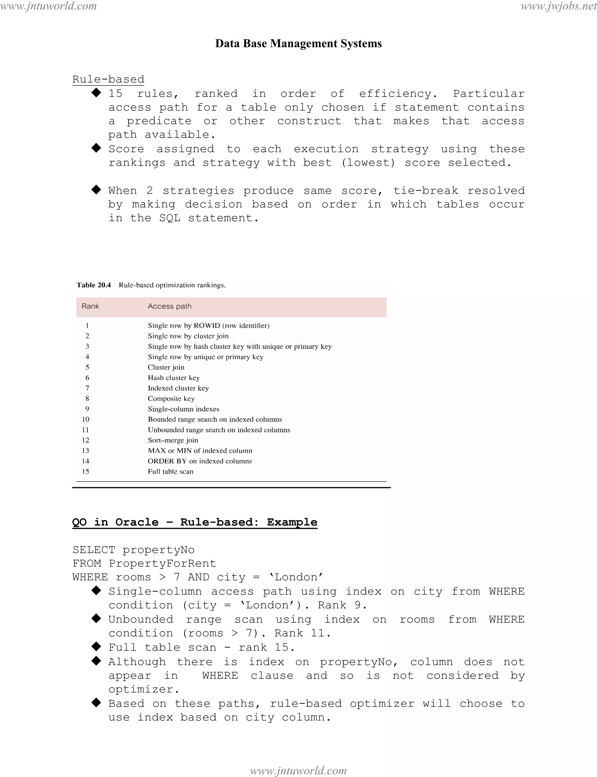 Data Base Management Systems
85
Rule-based
 15 rules, ranked in order of efficiency. Particular
access path for a table only chosen if statement contains
a predicate or other construct that makes that access
path available.
 Score assigned to each execution strategy using these
rankings and strategy with best (lowest) score selected.
 When 2 strategies produce same score, tie-break resolved
by making decision based on order in which tables occur
in the SQL statement.
QO in Oracle – Rule-based: Example
SELECT propertyNo
FROM PropertyForRent
WHERE rooms > 7 AND city = ‘London’
 Single-column access path using index on city from WHERE
condition (city = ‘London’). Rank 9.
 Unbounded range scan using index on rooms from WHERE
condition (rooms > 7). Rank 11.
 Full table scan - rank 15.
 Although there is index on propertyNo, column does not
appear in WHERE clause and so is not considered by
optimizer.
 Based on these paths, rule-based optimizer will choose to
use index based on city column.
pdfMachine - is a pdf writer that produces quality PDF files with ease!
Get yours now!
“Thank you very much! I can use Acrobat Distiller or the Acrobat PDFWriter but I consider your
product a lot easier to use and much preferable to Adobe's" A.Sarras - USA
www.jntuworld.com
www.jntuworld.com
www.jwjobs.net
 