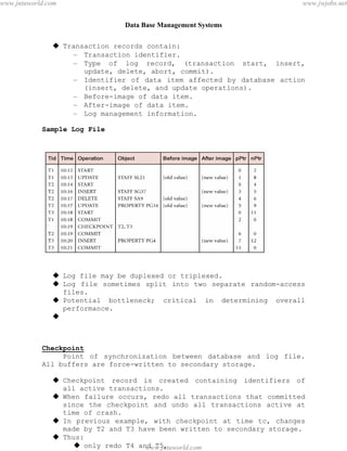 Data Base Management Systems
102
 Transaction records contain:
– Transaction identifier.
– Type of log record, (transaction start, insert,
update, delete, abort, commit).
– Identifier of data item affected by database action
(insert, delete, and update operations).
– Before-image of data item.
– After-image of data item.
– Log management information.
Sample Log File
 Log file may be duplexed or triplexed.
 Log file sometimes split into two separate random-access
files.
 Potential bottleneck; critical in determining overall
performance.

Checkpoint
Point of synchronization between database and log file.
All buffers are force-written to secondary storage.
 Checkpoint record is created containing identifiers of
all active transactions.
 When failure occurs, redo all transactions that committed
since the checkpoint and undo all transactions active at
time of crash.
 In previous example, with checkpoint at time tc, changes
made by T2 and T3 have been written to secondary storage.
 Thus:
 only redo T4 and T5,
 undo transactions T1 and T6.pdfMachine - is a pdf writer that produces quality PDF files with ease!
Get yours now!
“Thank you very much! I can use Acrobat Distiller or the Acrobat PDFWriter but I consider your
product a lot easier to use and much preferable to Adobe's" A.Sarras - USA
www.jntuworld.com
www.jntuworld.com
www.jwjobs.net
 