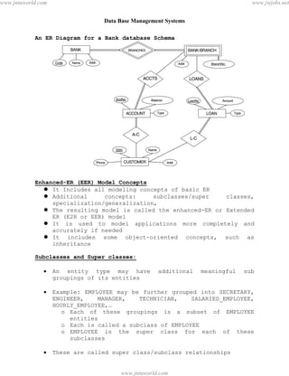 Data Base Management Systems
18
An ER Diagram for a Bank database Schema
Enhanced-ER (EER) Model Concepts
 It Includes all modeling concepts of basic ER
 Additional concepts: subclasses/super classes,
specialization/generalization,
 The resulting model is called the enhanced-ER or Extended
ER (E2R or EER) model
 It is used to model applications more completely and
accurately if needed
 It includes some object-oriented concepts, such as
inheritance
Subclasses and Super classes:
 An entity type may have additional meaningful sub
groupings of its entities
 Example: EMPLOYEE may be further grouped into SECRETARY,
ENGINEER, MANAGER, TECHNICIAN, SALARIED_EMPLOYEE,
HOURLY_EMPLOYEE,…
o Each of these groupings is a subset of EMPLOYEE
entities
o Each is called a subclass of EMPLOYEE
o EMPLOYEE is the super class for each of these
subclasses
 These are called super class/subclass relationships
pdfMachine - is a pdf writer that produces quality PDF files with ease!
Get yours now!
“Thank you very much! I can use Acrobat Distiller or the Acrobat PDFWriter but I consider your
product a lot easier to use and much preferable to Adobe's" A.Sarras - USA
www.jntuworld.com
www.jntuworld.com
www.jwjobs.net
 