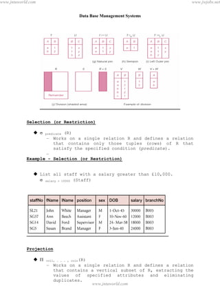 Data Base Management Systems
31
Selection (or Restriction)
  predicate (R)
– Works on a single relation R and defines a relation
that contains only those tuples (rows) of R that
satisfy the specified condition (predicate).
–
Example - Selection (or Restriction)
 List all staff with a salary greater than £10,000.
 salary > 10000 (Staff)
Projection
  col1, . . . , coln(R)
– Works on a single relation R and defines a relation
that contains a vertical subset of R, extracting the
values of specified attributes and eliminating
duplicates.
pdfMachine - is a pdf writer that produces quality PDF files with ease!
Get yours now!
“Thank you very much! I can use Acrobat Distiller or the Acrobat PDFWriter but I consider your
product a lot easier to use and much preferable to Adobe's" A.Sarras - USA
www.jntuworld.com
www.jntuworld.com
www.jwjobs.net
 