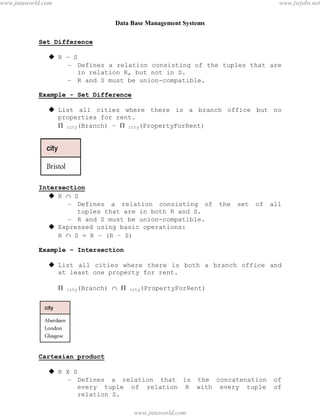 Data Base Management Systems
33
Set Difference
 R – S
– Defines a relation consisting of the tuples that are
in relation R, but not in S.
– R and S must be union-compatible.
Example - Set Difference
 List all cities where there is a branch office but no
properties for rent.
 city(Branch) –  city(PropertyForRent)
Intersection
 R  S
– Defines a relation consisting of the set of all
tuples that are in both R and S.
– R and S must be union-compatible.
 Expressed using basic operations:
R  S = R – (R – S)
Example – Intersection
 List all cities where there is both a branch office and
at least one property for rent.
 city(Branch)   city(PropertyForRent)
Cartesian product
 R X S
– Defines a relation that is the concatenation of
every tuple of relation R with every tuple of
relation S.
pdfMachine - is a pdf writer that produces quality PDF files with ease!
Get yours now!
“Thank you very much! I can use Acrobat Distiller or the Acrobat PDFWriter but I consider your
product a lot easier to use and much preferable to Adobe's" A.Sarras - USA
www.jntuworld.com
www.jntuworld.com
www.jwjobs.net
 