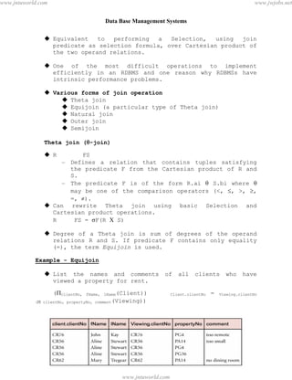 Data Base Management Systems
35
 Equivalent to performing a Selection, using join
predicate as selection formula, over Cartesian product of
the two operand relations.
 One of the most difficult operations to implement
efficiently in an RDBMS and one reason why RDBMSs have
intrinsic performance problems.
 Various forms of join operation
 Theta join
 Equijoin (a particular type of Theta join)
 Natural join
 Outer join
 Semijoin
Theta join (-join)
 R FS
– Defines a relation that contains tuples satisfying
the predicate F from the Cartesian product of R and
S.
– The predicate F is of the form R.ai  S.bi where 
may be one of the comparison operators (<, , >, ,
=, ).
 Can rewrite Theta join using basic Selection and
Cartesian product operations.
R FS = F(R  S)
 Degree of a Theta join is sum of degrees of the operand
relations R and S. If predicate F contains only equality
(=), the term Equijoin is used.
Example - Equijoin
 List the names and comments of all clients who have
viewed a property for rent.
(clientNo, fName, lName(Client)) Client.clientNo = Viewing.clientNo
( clientNo, propertyNo, comment(Viewing))
pdfMachine - is a pdf writer that produces quality PDF files with ease!
Get yours now!
“Thank you very much! I can use Acrobat Distiller or the Acrobat PDFWriter but I consider your
product a lot easier to use and much preferable to Adobe's" A.Sarras - USA
www.jntuworld.com
www.jntuworld.com
www.jwjobs.net
 