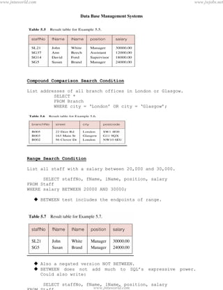 Data Base Management Systems
48
Compound Comparison Search Condition
List addresses of all branch offices in London or Glasgow.
SELECT *
FROM Branch
WHERE city = ‘London’ OR city = ‘Glasgow’;
Range Search Condition
List all staff with a salary between 20,000 and 30,000.
SELECT staffNo, fName, lName, position, salary
FROM Staff
WHERE salary BETWEEN 20000 AND 30000;
 BETWEEN test includes the endpoints of range.
 Also a negated version NOT BETWEEN.
 BETWEEN does not add much to SQL’s expressive power.
Could also write:
SELECT staffNo, fName, lName, position, salary
FROM Staff
pdfMachine - is a pdf writer that produces quality PDF files with ease!
Get yours now!
“Thank you very much! I can use Acrobat Distiller or the Acrobat PDFWriter but I consider your
product a lot easier to use and much preferable to Adobe's" A.Sarras - USA
www.jntuworld.com
www.jntuworld.com
www.jwjobs.net
 