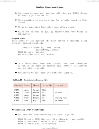 Data Base Management Systems
56
 Use comma as separator and typically include WHERE clause
to specify join column(s).
 Also possible to use an alias for a table named in FROM
clause.
 Alias is separated from table name with a space.
 Alias can be used to qualify column names when there is
ambiguity.
Simple Join
List names of all clients who have viewed a property along
with any comment supplied.
SELECT c.clientNo, fName, lName,
propertyNo, comment
FROM Client c, Viewing v
WHERE c.clientNo = v.clientNo;
 Only those rows from both tables that have identical
values in the clientNo columns (c.clientNo = v.clientNo)
are included in result.
 Equivalent to equi-join in relational algebra.
Alternative JOIN Constructs
 SQL provides alternative ways to specify joins:
FROM Client c JOIN Viewing v ON c.clientNo = v.clientNo
FROM Client JOIN Viewing USING clientNo
FROM Client NATURAL JOIN Viewing
pdfMachine - is a pdf writer that produces quality PDF files with ease!
Get yours now!
“Thank you very much! I can use Acrobat Distiller or the Acrobat PDFWriter but I consider your
product a lot easier to use and much preferable to Adobe's" A.Sarras - USA
www.jntuworld.com
www.jntuworld.com
www.jwjobs.net
 