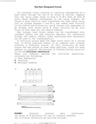 Data Base Management Systems
75
For internal files, hashing is typically implemented as a
hash table through the use of an array of records. Suppose
that the array index range is from 0 to M-1 then we have M
slots whose address corresponds to the array indexes. We
choose a hash function that transforms the hash field value
into an integer between 0 and M-1. One common hash function
is the h(K)=K mod M function, which returns the remainder of
an integer hash field value K after division by M; this
value is then used for the record address.
Non integer hash field values can be transformed into
integers before the mod function applied. For characters
string, the numeric (ASCII) codes associated with characters
can be used in the transformation.
A collision occurs when the hash field value of a record
that is being inserted hashes to an address that already
contains a different record. In this situation, we must
insert the new record in some other position, since its hash
address is occupied. The process of finding another position
is called Collision resolution.
There are numerous methods for collision resolution,
including the following,
1. Open addressing
2. Chaining
3. Multiple hashing
FIGURE: Internal hashing data structures.
(a) Array of M positions for use in internal hashing.
(b) Collision resolution by chaining records.
External Hashing for Disk files:
pdfMachine - is a pdf writer that produces quality PDF files with ease!
Get yours now!
“Thank you very much! I can use Acrobat Distiller or the Acrobat PDFWriter but I consider your
product a lot easier to use and much preferable to Adobe's" A.Sarras - USA
www.jntuworld.com
www.jntuworld.com
www.jwjobs.net
 