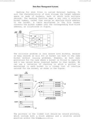 Data Base Management Systems
76
Hashing for disk files is called External hashing. To
suit the characteristics of disk storage the target address
space is made of buckets, each of which hold multiple
records. The hashing function maps a key into a relative
bucket number, rather than assign an absolute block address
to the bucket. A table maintained in the file header
converts the bucket number into the corresponding disk block
address, as illustrated in figure.
The collision problem is less severe with buckets, because
as many records as will fit in bucket can hash to the same
bucket without causing problems. However, we must make
provisions for the case where a bucket is filled to capacity
and a new record being inserted hashes to that bucket. We
can use a variation of chaining in which a pointer is
maintained in each bucket to a linked list of overflow
records for the bucket, as shown in the figure.
The pointers in the linked list should be record pointers,
which include both a block address and a relative record
position within the block.
pdfMachine - is a pdf writer that produces quality PDF files with ease!
Get yours now!
“Thank you very much! I can use Acrobat Distiller or the Acrobat PDFWriter but I consider your
product a lot easier to use and much preferable to Adobe's" A.Sarras - USA
www.jntuworld.com
www.jntuworld.com
www.jwjobs.net
 