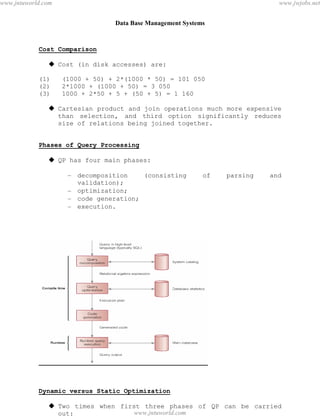 Data Base Management Systems
83
Cost Comparison
 Cost (in disk accesses) are:
(1) (1000 + 50) + 2*(1000 * 50) = 101 050
(2) 2*1000 + (1000 + 50) = 3 050
(3) 1000 + 2*50 + 5 + (50 + 5) = 1 160
 Cartesian product and join operations much more expensive
than selection, and third option significantly reduces
size of relations being joined together.
Phases of Query Processing
 QP has four main phases:
– decomposition (consisting of parsing and
validation);
– optimization;
– code generation;
– execution.
Dynamic versus Static Optimization
 Two times when first three phases of QP can be carried
out:
pdfMachine - is a pdf writer that produces quality PDF files with ease!
Get yours now!
“Thank you very much! I can use Acrobat Distiller or the Acrobat PDFWriter but I consider your
product a lot easier to use and much preferable to Adobe's" A.Sarras - USA
www.jntuworld.com
www.jntuworld.com
www.jwjobs.net
 