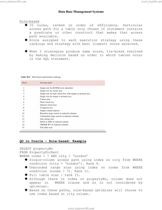 Data Base Management Systems
85
Rule-based
 15 rules, ranked in order of efficiency. Particular
access path for a table only chosen if statement contains
a predicate or other construct that makes that access
path available.
 Score assigned to each execution strategy using these
rankings and strategy with best (lowest) score selected.
 When 2 strategies produce same score, tie-break resolved
by making decision based on order in which tables occur
in the SQL statement.
QO in Oracle – Rule-based: Example
SELECT propertyNo
FROM PropertyForRent
WHERE rooms > 7 AND city = ‘London’
 Single-column access path using index on city from WHERE
condition (city = ‘London’). Rank 9.
 Unbounded range scan using index on rooms from WHERE
condition (rooms > 7). Rank 11.
 Full table scan - rank 15.
 Although there is index on propertyNo, column does not
appear in WHERE clause and so is not considered by
optimizer.
 Based on these paths, rule-based optimizer will choose to
use index based on city column.
pdfMachine - is a pdf writer that produces quality PDF files with ease!
Get yours now!
“Thank you very much! I can use Acrobat Distiller or the Acrobat PDFWriter but I consider your
product a lot easier to use and much preferable to Adobe's" A.Sarras - USA
www.jntuworld.com
www.jntuworld.com
www.jwjobs.net
 