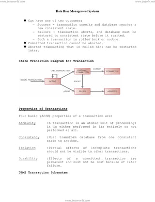 Data Base Management Systems
88
 Can have one of two outcomes:
– Success - transaction commits and database reaches a
new consistent state.
– Failure - transaction aborts, and database must be
restored to consistent state before it started.
– Such a transaction is rolled back or undone.
 Committed transaction cannot be aborted.
 Aborted transaction that is rolled back can be restarted
later.
State Transition Diagram for Transaction
Properties of Transactions
Four basic (ACID) properties of a transaction are:
Atomicity :A transaction is an atomic unit of processing;
it is either performed in its entirely or not
performed at all.
Consistency :Must transform database from one consistent
state to another.
Isolation :Partial effects of incomplete transactions
should not be visible to other transactions.
Durability :Effects of a committed transaction are
permanent and must not be lost because of later
failure.
DBMS Transaction Subsystem
pdfMachine - is a pdf writer that produces quality PDF files with ease!
Get yours now!
“Thank you very much! I can use Acrobat Distiller or the Acrobat PDFWriter but I consider your
product a lot easier to use and much preferable to Adobe's" A.Sarras - USA
www.jntuworld.com
www.jntuworld.com
www.jwjobs.net
 