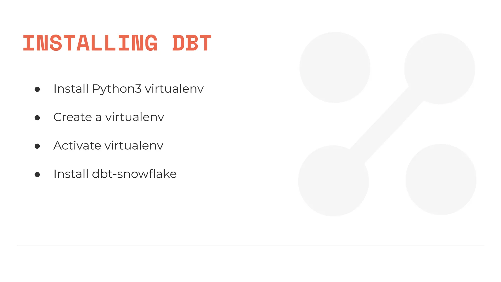 INSTALLING DBT
● Install Python3 virtualenv
● Create a virtualenv
● Activate virtualenv
● Install dbt-snowﬂake
 