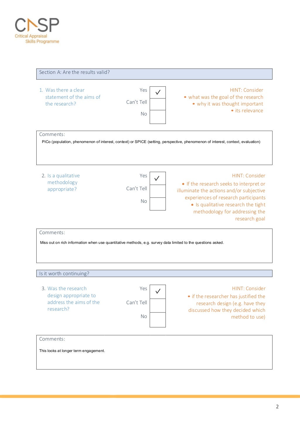 CASP Tool for Qualitative Studies (Sample Answers September 19 and