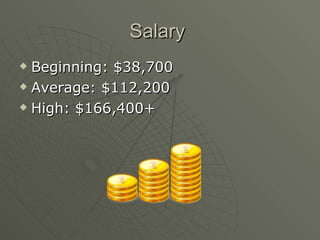 Salary  Beginning: $38,700 Average: $112,200 High: $166,400+  