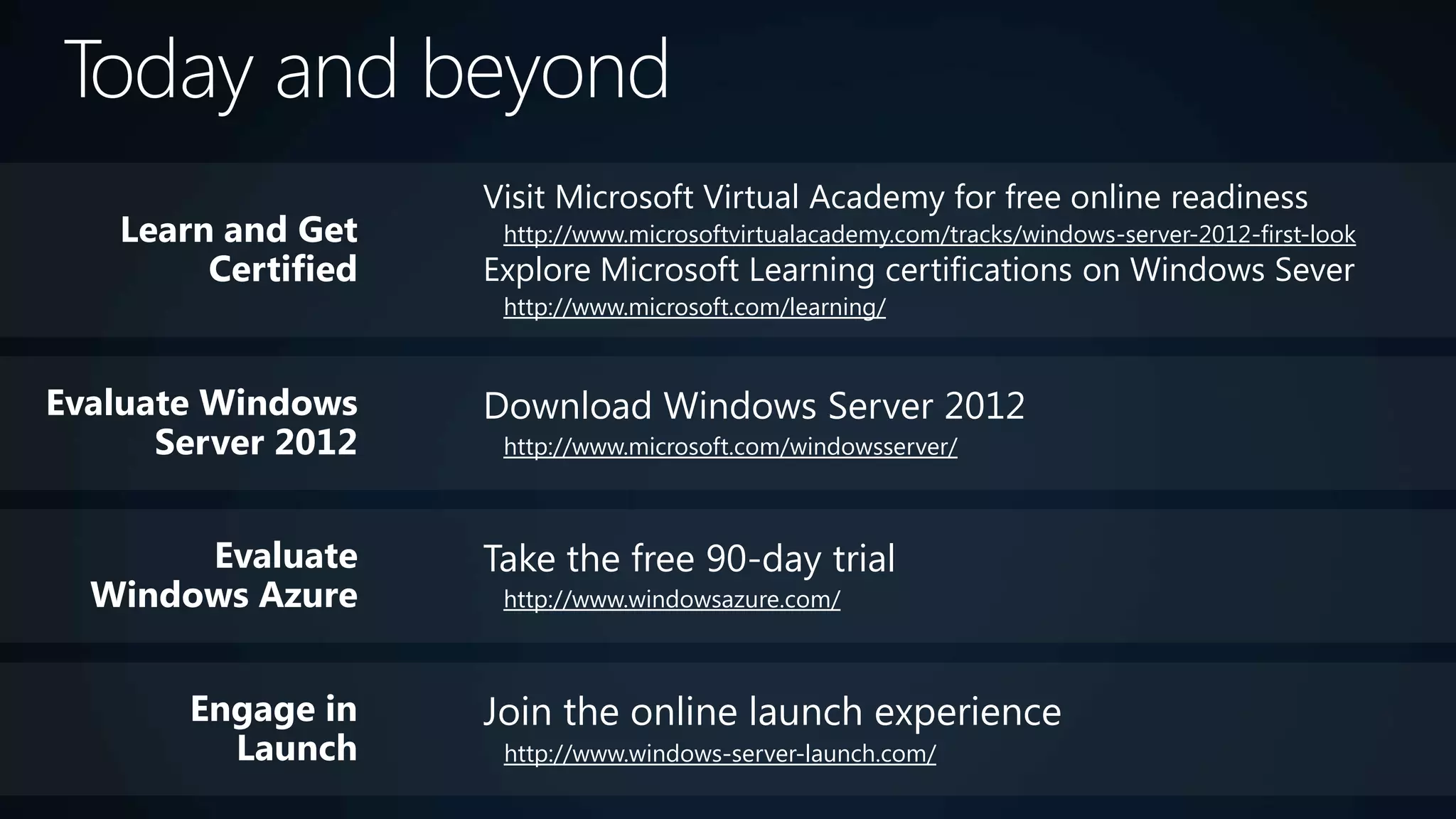 Visit Microsoft Virtual Academy for free online readiness
    Learn and Get     http://www.microsoftvirtualacademy.com/tracks/windows-server-2012-first-look
         Certified   Explore Microsoft Learning certifications on Windows Sever
                      http://www.microsoft.com/learning/



Evaluate Windows     Download Windows Server 2012
      Server 2012     http://www.microsoft.com/windowsserver/



       Evaluate      Take the free 90-day trial
  Windows Azure       http://www.windowsazure.com/



        Engage in    Join the online launch experience
          Launch      http://www.windows-server-launch.com/
 