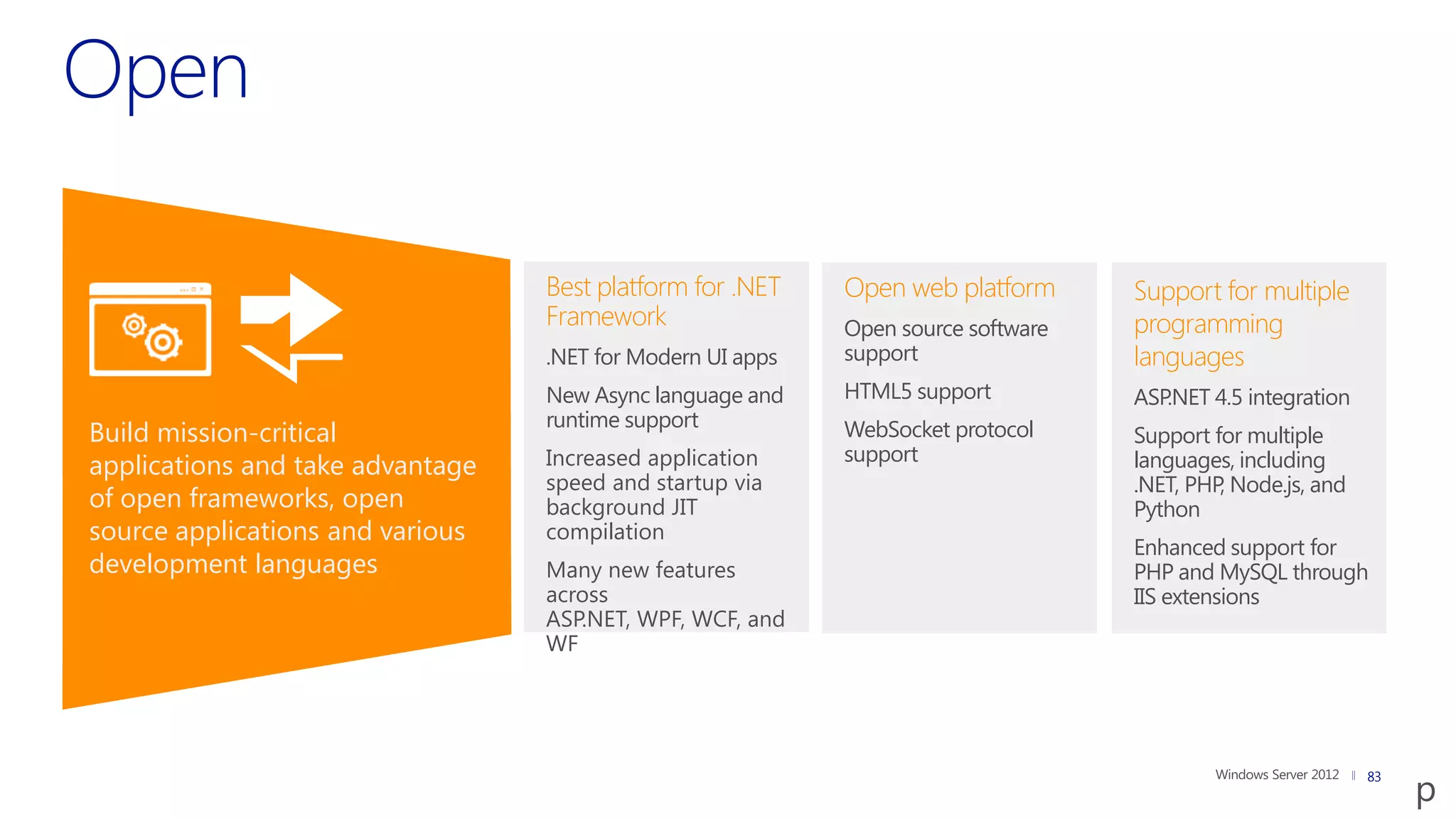 Best platform for .NET    Open web platform      Support for multiple
                                  Framework                 Open source software   programming
                                  .NET for Modern UI apps   support                languages
                                  New Async language and    HTML5 support          ASP.NET 4.5 integration
                                  runtime support
Build mission-critical                                      WebSocket protocol     Support for multiple
                                  Increased application     support                languages, including
applications and take advantage
                                  speed and startup via                            .NET, PHP, Node.js, and
of open frameworks, open          background JIT                                   Python
source applications and various   compilation
                                                                                   Enhanced support for
development languages             Many new features                                PHP and MySQL through
                                  across                                           IIS extensions
                                  ASP.NET, WPF, WCF, and
                                  WF




                                                                                                             83
 