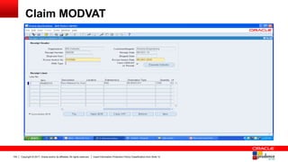Copyright © 2017, Oracle and/or its affiliates. All rights reserved. Insert Information Protection Policy Classification from Slide 12154
Claim MODVAT
 