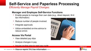 Copyright © 2017, Oracle and/or its affiliates. All rights reserved. Insert Information Protection Policy Classification from Slide 12226
Self-Service and Paperless Processing
Efficiently Manage Payroll Changes
Manager and Employee Self-Service Functions
• Enable people to manage their own data (e.g., direct deposit, W-4
tax information)
• Reduce number of people involved
• Integrate approvals
• Utilize embedded on-line advice to
reduce errors
Access Via Portal
• View detailed pay slips
• Analyze changes in pay
• Inquire on-line prior to next pay cycle
• View or reprint W-2 tax information
 